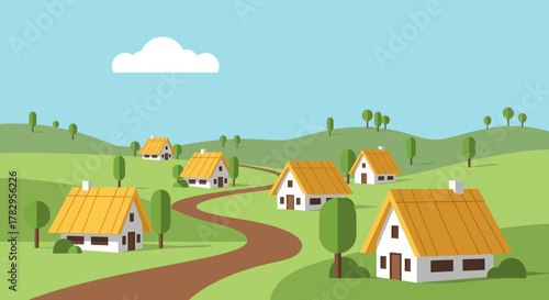 Idyllic Village Scene with Rolling Hills and Charming Cottages.