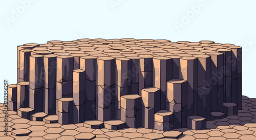 Hexagonal Basalt Columns Formation Illustration, Geological Wonder, Natural Stone Structure.