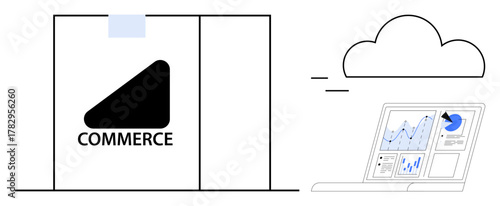 Digital storefront with commerce logo, cloud computing symbol, laptop displaying charts, graphs, and statistics. Ideal for e-commerce, data analysis, cloud solutions, online sales digital business
