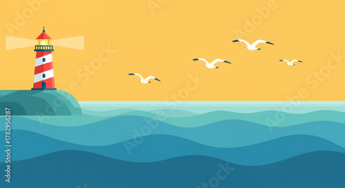 Lighthouse on a cliff with seagulls flying over the ocean.