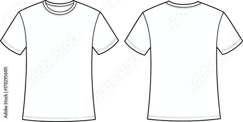 Plain short sleeve t-shirt flat sketch, front and back view, crew neck apparel template, CAD drawing, vector fashion illustration for garment design