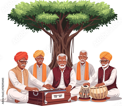 Vector illustration of elderly Indian men sitting under tree and singing devotional songs during cultural gathering with musical instruments
