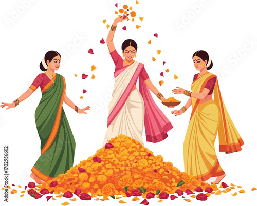 Vector illustration of Indian women throwing flowers in joyful celebration during harvest festival with colorful cultural attire
