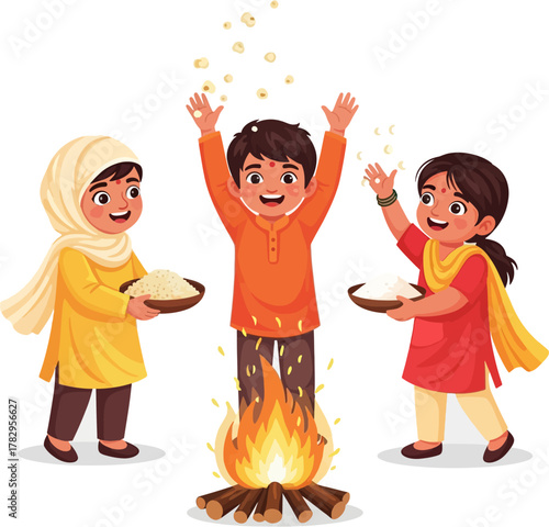 Vector illustration of Indian children joyfully throwing popcorn into bonfire during Lohri celebration with festive happiness