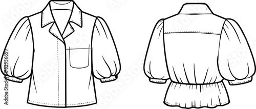 Puff sleeve blouse fashion sketch, collared neckline, patch pocket, peplum back detail, garment construction, CAD drawing, flat vector illustration