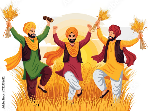 Vector illustration of Punjabi farmers dancing in golden field celebrating Baisakhi harvest festival with joyful expressions