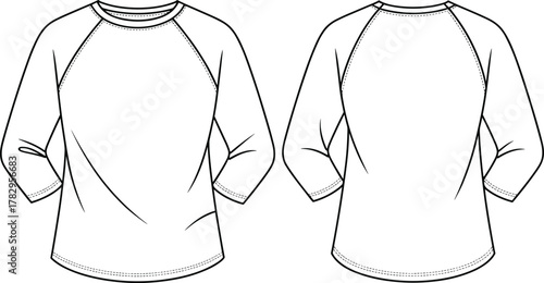 Raglan sleeve shirt technical sketch, front and back view, fashion flat drawing, garment design template, apparel vector illustration, cad drawing flat vector illustration