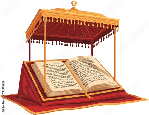 Vector illustration of Sikh holy scripture placed under decorative canopy representing Gurpurab festival and Indian spiritual tradition