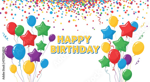 Festive birthday celebration banner with vibrant multi-colored balloons, stars, and celebratory confetti decoration