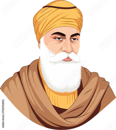 Vector illustration of Sikh Guru portrait with calm expression, wearing turban and robe, representing Indian spiritual culture