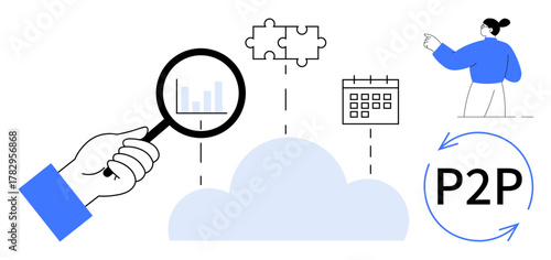 Magnifying glass analyzing data over cloud, linked with puzzle, calendar, peer-to-peer arrow, and person pointing. Ideal for teamwork, analytics, strategy, cloud solutions sharing problem-solving