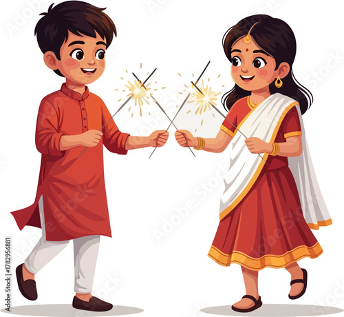 Vector illustration of Indian boy and girl holding sparklers during Diwali celebration with joyful expressions