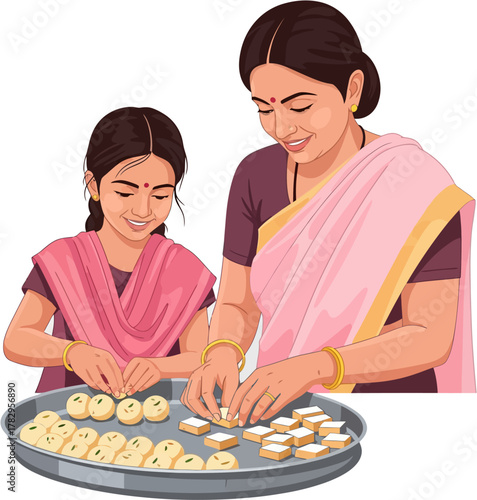 Vector illustration of Indian mother and daughter making traditional sweets together for Diwali celebration in warm home setting