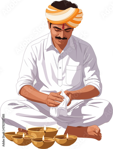 Vector illustration of Indian man sitting calmly wearing traditional turban and clothes during Diwali celebration