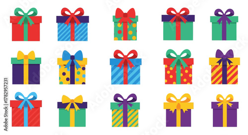 Vibrant collection of colorful gift boxes with festive ribbons and bows, ideal for holidays, birthdays, and special celebrations, spreading cheer