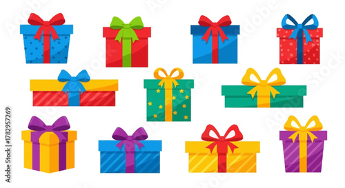 Colorful collection of gift boxes with bows and patterns, ideal for festive celebrations, birthdays, holidays, and joyful giving occasions