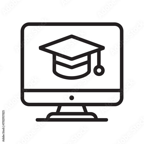 Online Education Icon Graduation Cap on Computer Screen