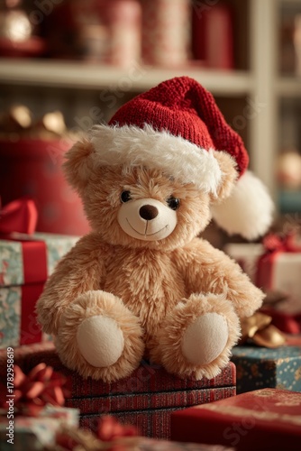 Festive teddy bear in a Santa hat surrounded by colorful gifts during the holiday season