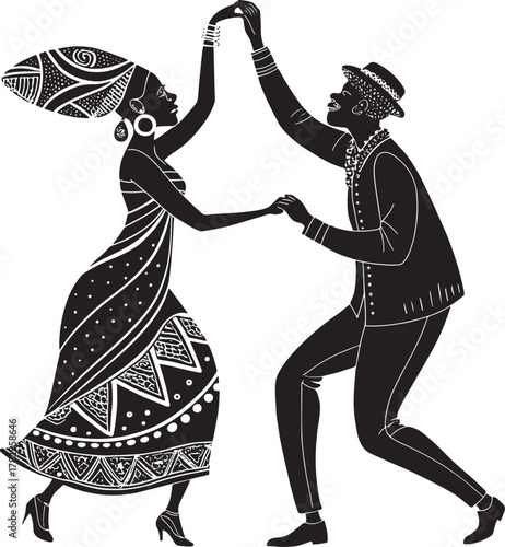 African couple dancing in traditional attire with intricate patterns and headdress kwanzaa african culture