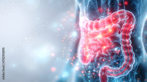 A medical visualization of human health showing the digestive system and intestines
