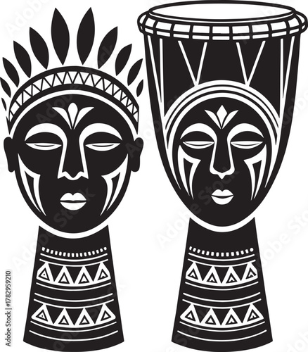 African tribal mask and djembe drum kwanzaa african culture black and white graphic art vector