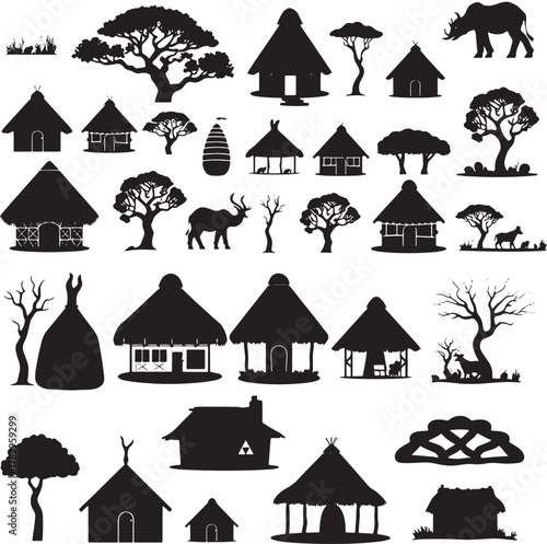 African village huts trees and wildlife silhouettes collection kwanzaa african culture house home