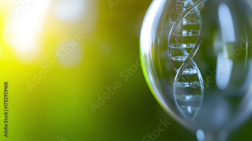 A close-up of a DNA double helix inside a glass orb, symbolizing genetics and biotechnological advancement amidst a green background.