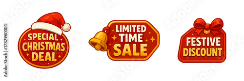 Special christmas deal cartoon icons, festive discount tags, red and gold sale labels