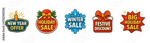 Holiday sale badges cartoon icons, new year and christmas offers, winter discounts