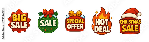Christmas sale badges cartoon icons, festive discount labels, holiday offers, new year deals