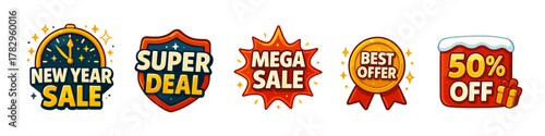 New year sale badges cartoon icons, super deal, mega sale, best offer, 50 percent off