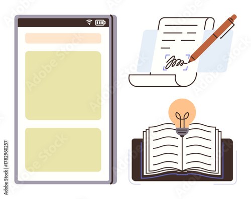 Smartphone interface for note-taking, paper signing with a pen, and an open book with a glowing light bulb. Ideal for education, creativity, learning, technology, innovation, productivity simple