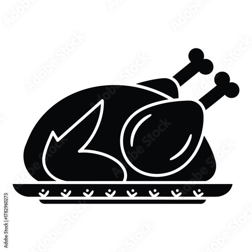 Roasted turkey on a platter black and white vector illustration