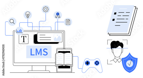 Computer screen, learning management system tools, game controller, book, badge, user profile, and documents. Ideal for education, e-learning technology gamification training user experience