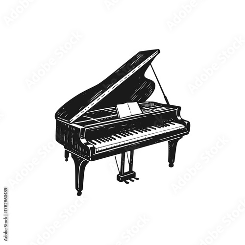 Grand piano. Black white vector illustration.
