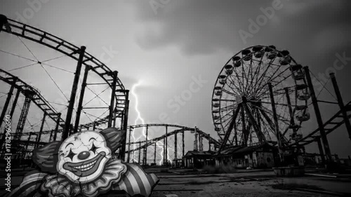 Creepy abandoned amusement park with clown and lightning.