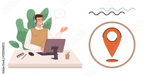 Agent using a computer headset gestures while speaking. Nearby location pin symbolizes services. Ideal for customer service, support, communication, help desk, navigation, remote work, simple flat
