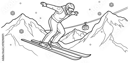 Skiing illustration featuring a skier in motion on snowy mountains with a ski lift in the background, capturing the thrill of winter sports and outdoor adventure