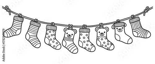 Coloring page featuring a festive garland of cute teddy bear stockings hanging on a string, perfect for holiday-themed creative activities and children's art projects