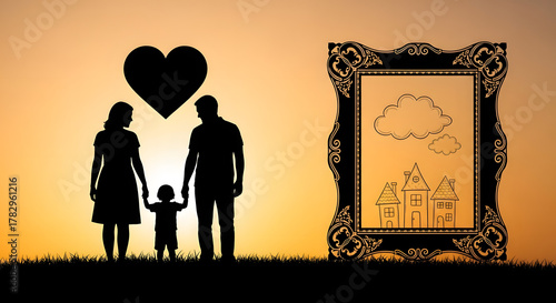 Family Silhouette With Heart and Framed Dream Home at Sunset - A Vision of Love, Togetherness, and Aspirations