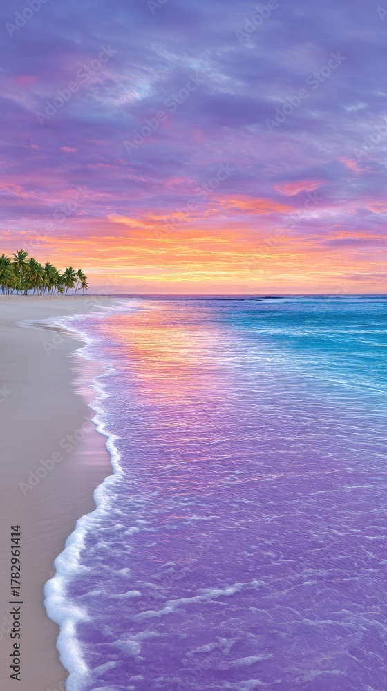Fototapeta premium Vibrant Tropical Beach Sunset With Orange Pink Purple Sky Reflecting On Sparkling Ocean Waves And Palm Trees In The Distance On Sandy Shoreline
