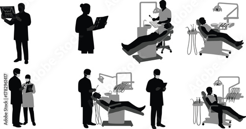 Dental clinic illustration, dentist with patient, oral care vector, dental procedure scene, medical consultation, healthcare staff, dental equipment, treatment room