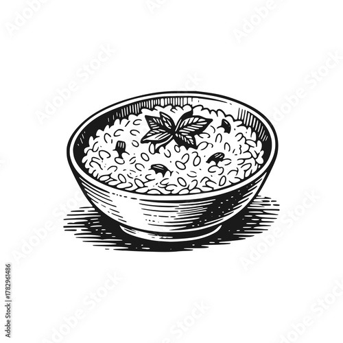 Rice in a bowl. Black white vector illustration.