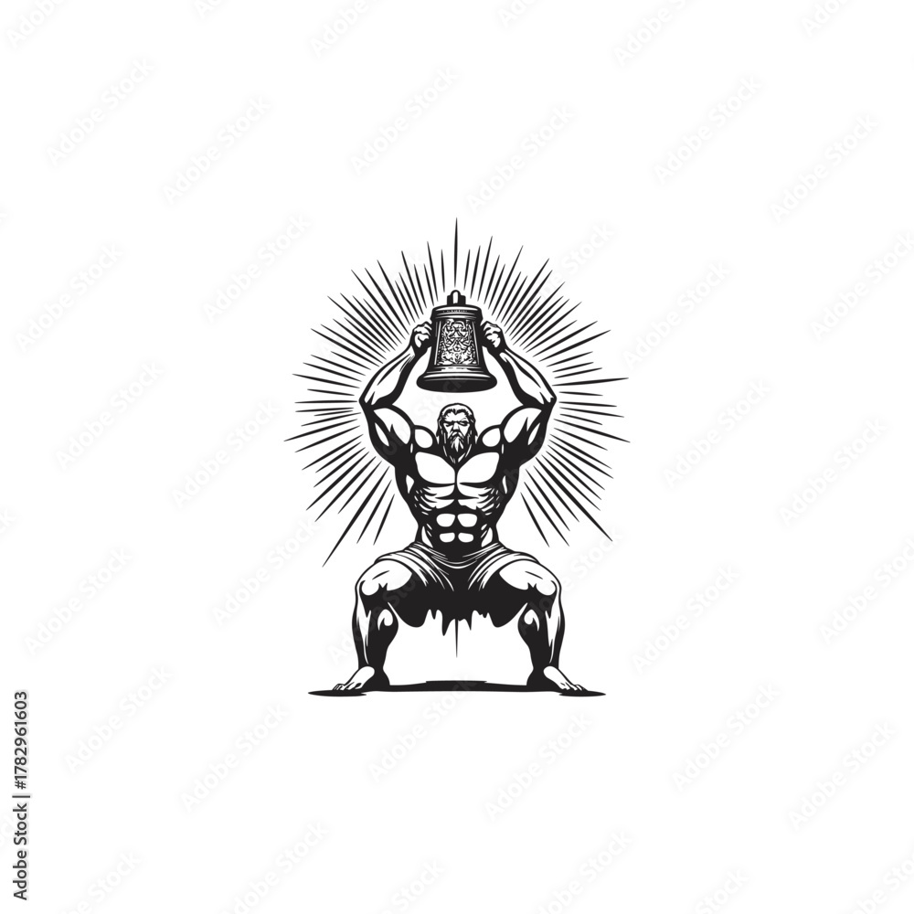 Fototapeta premium vector illustrations Strong muscular man lifting a heavy giant bell over his head