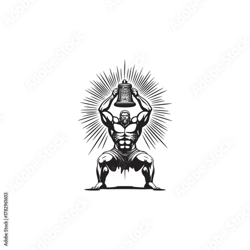 vector illustrations Strong muscular man lifting a heavy giant bell over his head