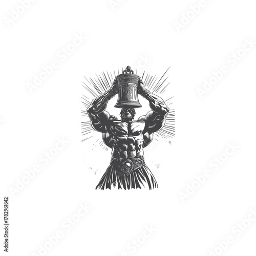 vector illustrations Strong muscular man lifting a heavy giant bell over his head
