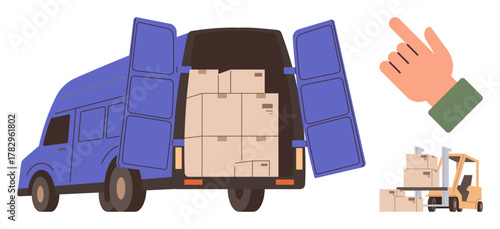 Blue delivery van with open doors filled with boxes, forklift moving cargo, guiding hand indicating directions. Ideal for logistics, shipping, delivery, warehouse, storage freight teamwork. Simple