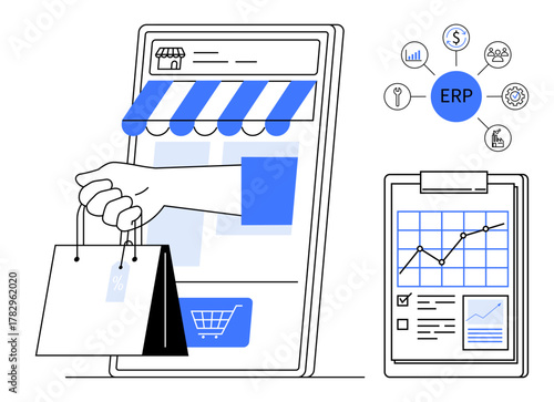 Online store interface with shopping cart, hand holding bags, ERP system icons, performance chart clipboard. Ideal for online businesses, ERP systems, retail, analytics, sales growth digital