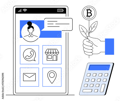 Smartphone app with profile and contact icons, hand holding crypto plant, and calculator. Ideal for finance, crypto, growth, investment, e-commerce communication digital economy. Simple flat