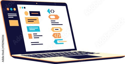 Sleek laptop showcasing modern software interface for innovative tech startup, coding and development work with clean professional design elements